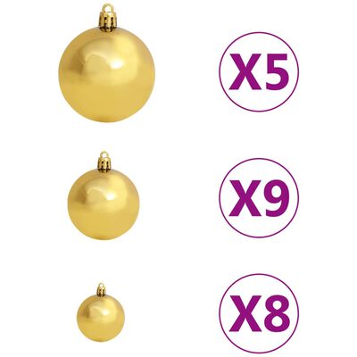 vidaXL Úzky osvetlený vianočný stromček s guľami, zlatý 120 cm
