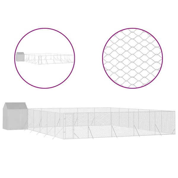 vidaXL Vonkajší koterec pre psov so strechou striebor. 12x12x2,5m oceľ