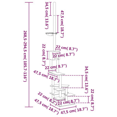vidaXL Strom pre mačky od podlahy po strop krémový 268,5-294,5 cm