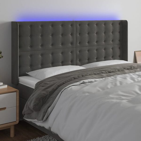 vidaXL Čelo postele s LED tmavosiv&eacute; 163x16x118/128 cm zamat