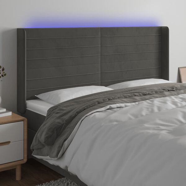 vidaXL Čelo postele s LED tmavosiv&eacute; 163x16x118/128 cm zamat