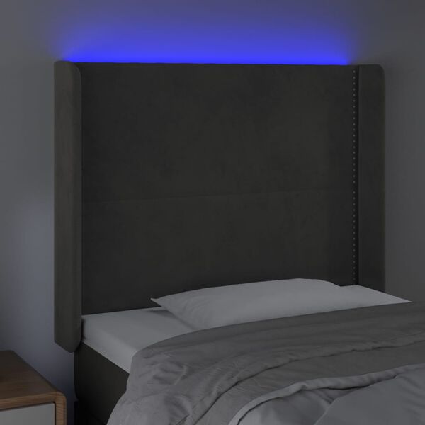 vidaXL Čelo postele s LED tmavosiv&eacute; 93x16x118/128 cm zamat