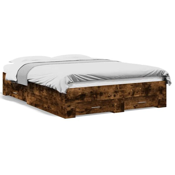 vidaXL Posteľný rám so zásuvkami dymový dub 135x190cm kompozitné drevo
