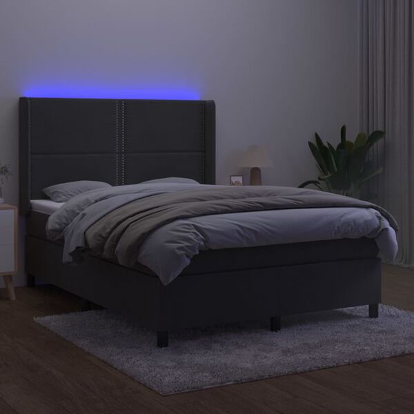 vidaXL Posteľ boxsping s matracom a LED tmavosiv&aacute; 140x190 cm zamat