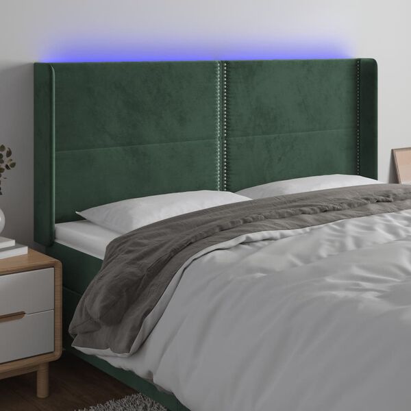 vidaXL Čelo postele s LED tmavozelen&eacute; 183x16x118/128 cm zamat