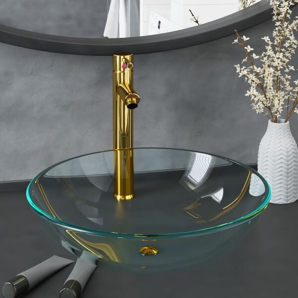 vidaXL Kúpeľňové umývadlo s batériou a odtokom číre tvrdené sklo