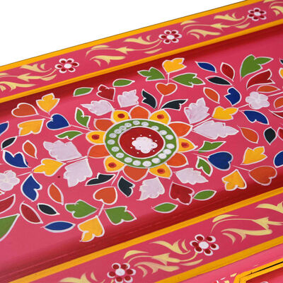 vidaXL Prístavný stolík z mangovníkového dreva so zásuvkami, ružový, ručne maľovaný