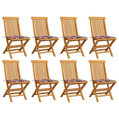 vidaXL Záhradné stoličky, červené kockované podložky 8ks, tíkový masív