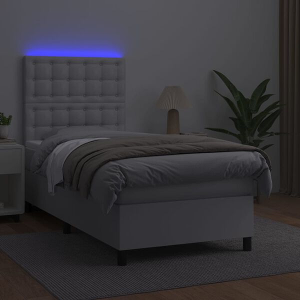 vidaXL Boxspring posteľ s matracom a LED biela 90x200 cm umel&aacute; koža