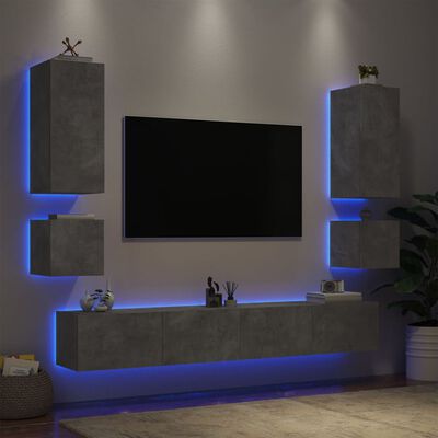 vidaXL 6-dielne TV nástenné skrinky s LED svetlami betónovo sivé