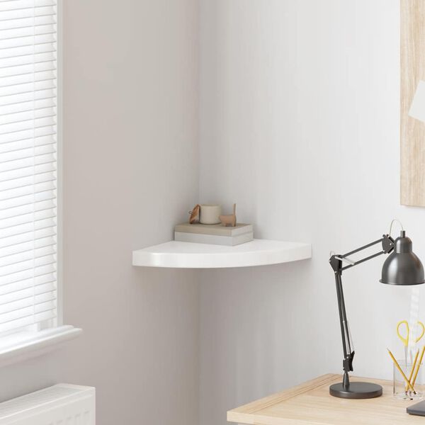 vidaXL Pl&aacute;vaj&uacute;ca rohov&aacute; polica, leskl&aacute; biela 35x35x3,8 cm, MDF