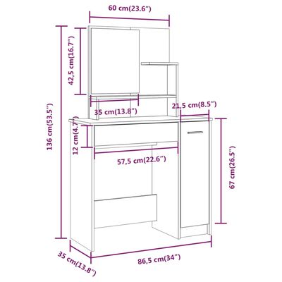 vidaXL Toaletný stolík so zrkadlom biely 86,5x35x136 cm