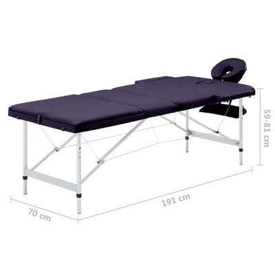 vidaXL Skladací masážny stôl, 3 zóny, hliník, fialový