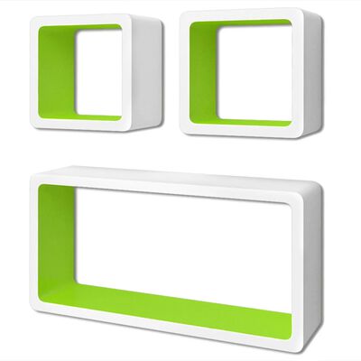 3 bielo zelené nástenné police v tvare kocky na knihy/DVD, MDF