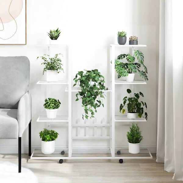 vidaXL Stojan na kvety s kolieskami 94,5x24,5x91,5 cm biely železn&yacute;