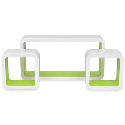 3 bielo-zelené plávajúce nástenné police z MDF v tvare kocky