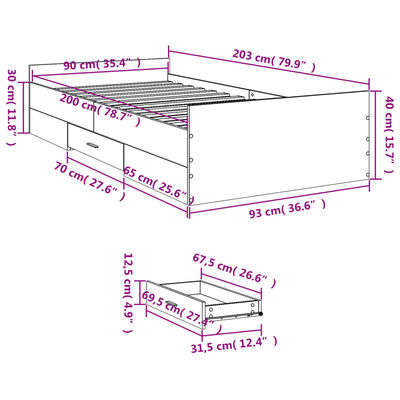 vidaXL Posteľný rám so zásuvkami čierny 90x200 cm kompozitné drevo