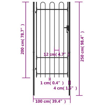 vidaXL Jednokrídlová plotová brána s oblúkom, oceľ 1x2 m, čierna