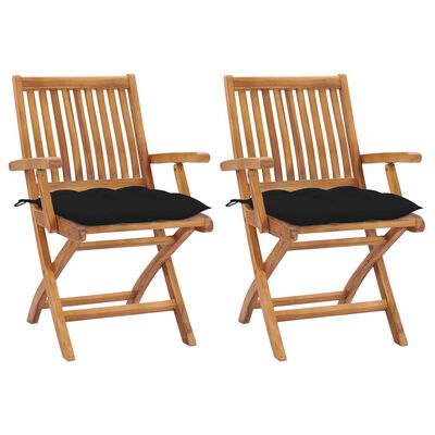 vidaXL Záhradné stoličky 2 ks, čierne podložky, tíkový masív