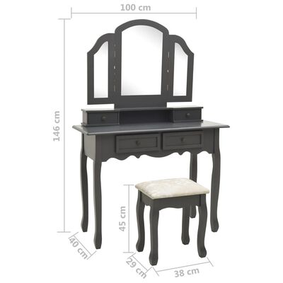 vidaXL Toaletný stolík so stoličkou sivý 100x40x146 cm drevo paulovnie