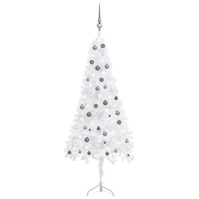 vidaXL Rohový umelý vianočný stromček s LED a guľami biely 210 cm PVC