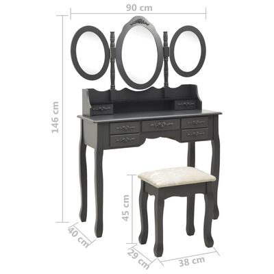 vidaXL Toaletný stolík so stoličkou a 3-dielnym zrkadlom sivý