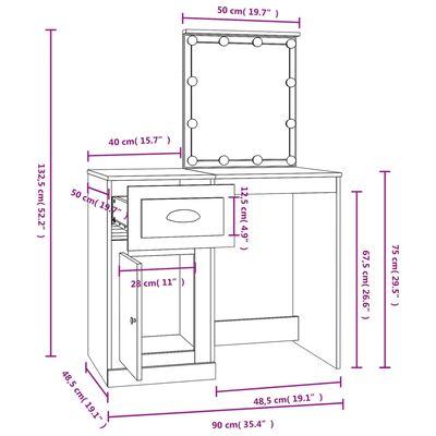 vidaXL Toaletný stolík s LED dymový dub 90x50x132,5cm kompozitné drevo