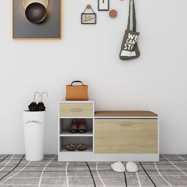 vidaXL Lavica na topánky, biela+sonoma 94,5x31x57 cm, kompozitné drevo