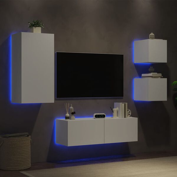 vidaXL 4-dielne TV n&aacute;stenn&eacute; skrinky s LED svetlami biele