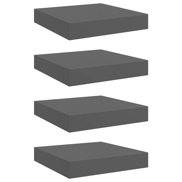 vidaXL Plávajúce nástenné police 4 ks, lesklé sivé 23x23,5x3,8cm, MDF