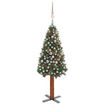 vidaXL Úzky osvetlený vianočný stromček s guľami, zelený 210 cm, PVC