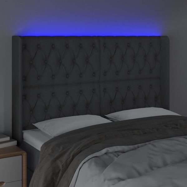 vidaXL Čelo postele s LED tmavosiv&eacute; 163x16x118/128 cm l&aacute;tka