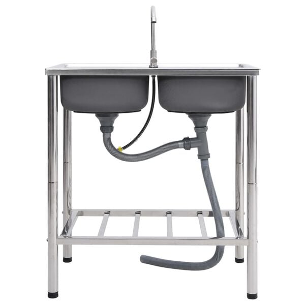 vidaXL Kempingový drez s dvomi umývadlami s kohútikom nehrdzavejúca oceľ