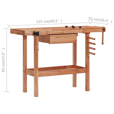 vidaXL Stolársky stôl so zásuvkou a 2 zverákmi tvrdé drevo