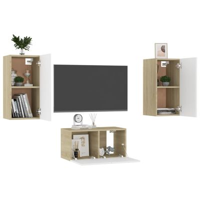 vidaXL 3-dielna súprava TV skriniek biela a dub sonoma drevotrieska