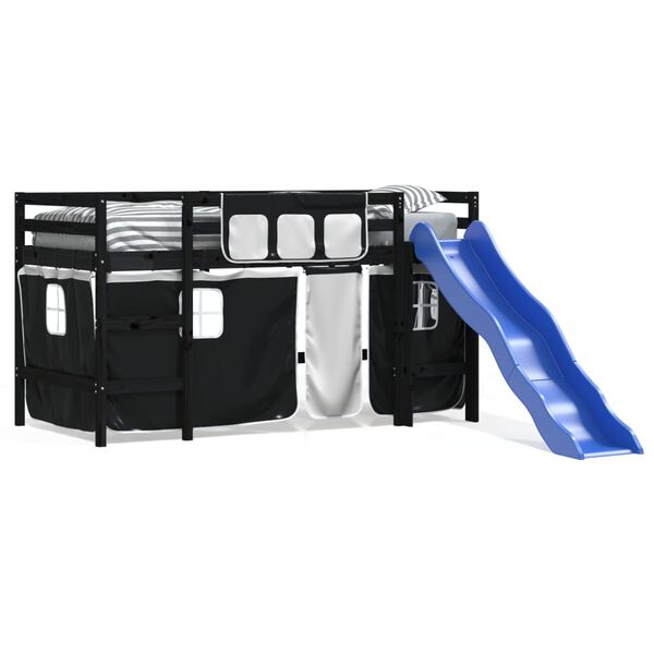 vidaXL Detská vyvýšená posteľ závesy bielo-čierna 90x190 cm borovica