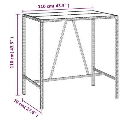 vidaXL Barový stôl so sklenenou doskou hnedý 110x70x110 cm polyratan