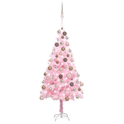 vidaXL Osvetlený umelý vianočný stromček s guľami, ružový 180 cm, PVC