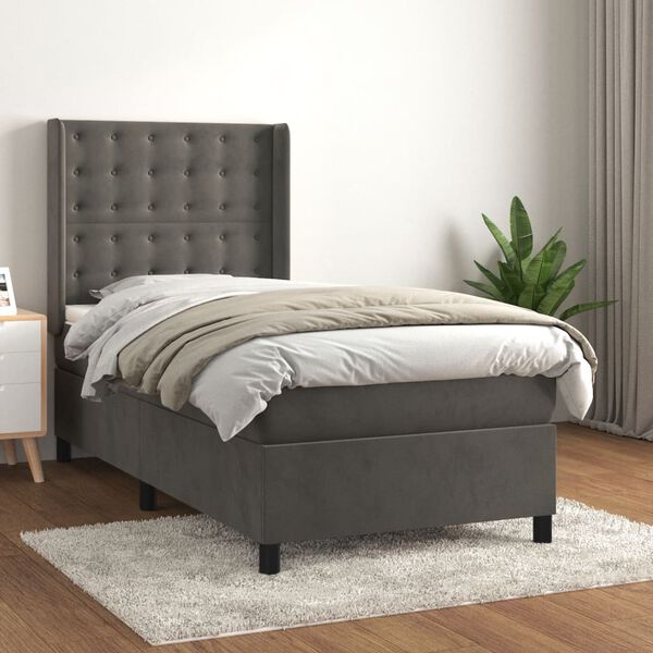 vidaXL Posteľn&yacute; r&aacute;m boxspring s matracom tmavosiv&yacute; 90x200 cm zamat
