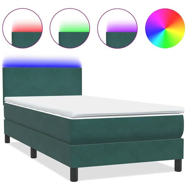 vidaXL Posteľn&yacute; r&aacute;m boxspring s matracom a LED Tmavozelen&aacute; 80x210 cm zamat