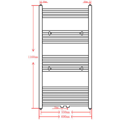 Sivý rebríkový radiátor na centrálne vykurovanie, rovný 600x1160 mm