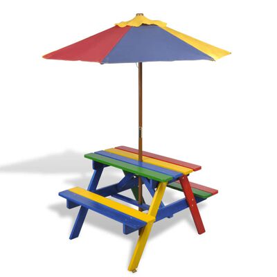 vidaXL Detský piknikový stôl + lavičky a slnečník, rôznofarebný, drevo