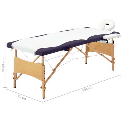 vidaXL Skladací masážny stôl, 2 zóny, drevo, bielo fialový