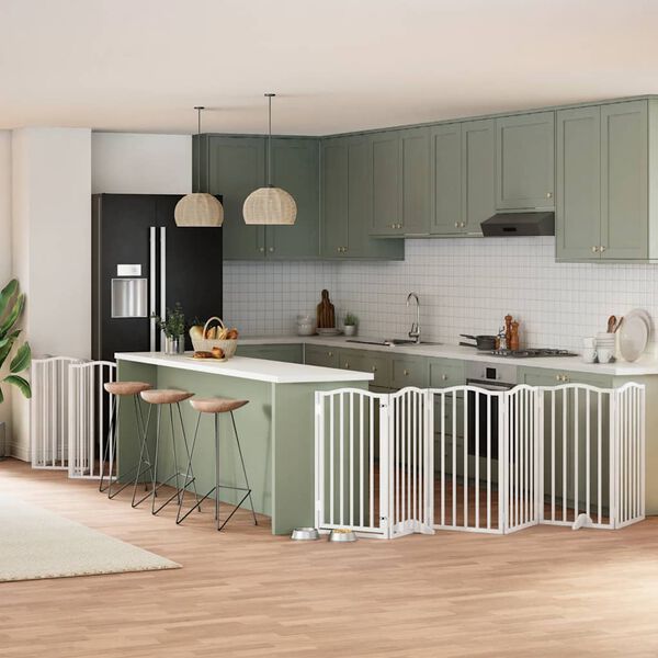 vidaXL Brána pre psa s dverami sklad. 12pan.biela 600cm topoľové drevo