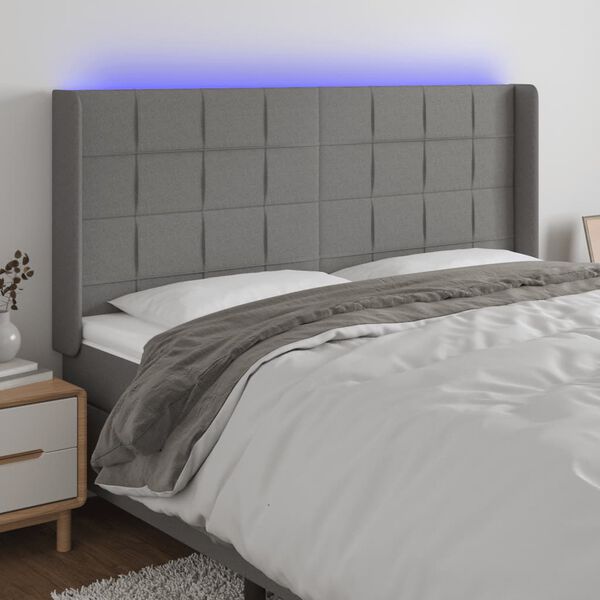 vidaXL Čelo postele s LED tmavosiv&eacute; 163x16x118/128 cm l&aacute;tka