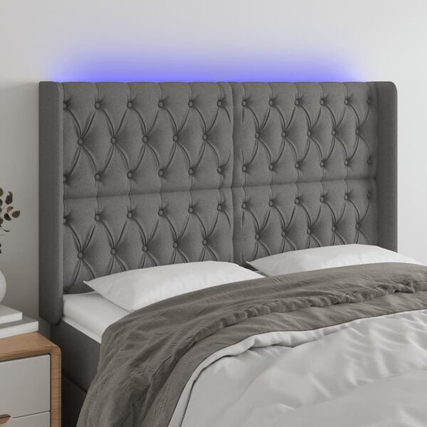 vidaXL Čelo postele s LED tmavosiv&eacute; 163x16x118/128 cm l&aacute;tka