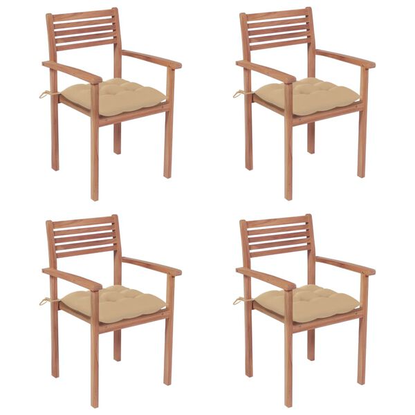 vidaXL Z&aacute;hradn&eacute; stoličky 4 ks b&eacute;žov&eacute; podložky teakov&yacute; mas&iacute;v