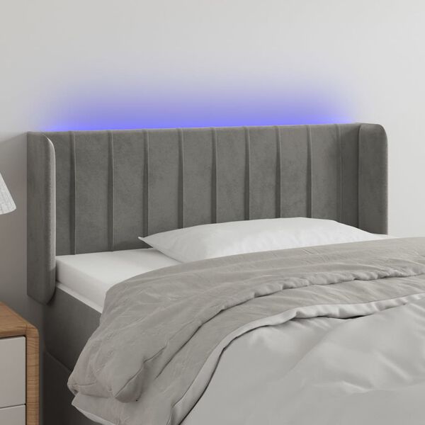 vidaXL Čelo postele s LED bledosiv&eacute; 93x16x78/88 cm zamat