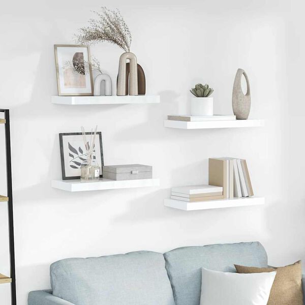 vidaXL Pl&aacute;vaj&uacute;ce n&aacute;stenn&eacute; police 4 ks, leskl&eacute; biele 50x23x3,8 cm, MDF