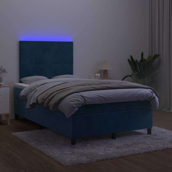 vidaXL Boxspring posteľ s matracom a LED, tmavomodr&aacute; 120x190 cm, zamat